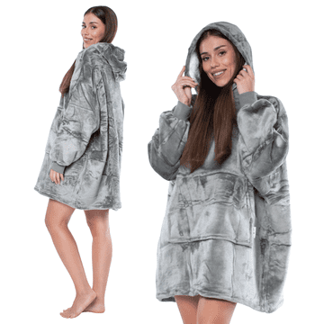 Nikcorp Topla odeja pulover s kapuco 2v1 XXL, siva | Oversize kocobluza iz debele sherpe in flanele za odrasle in mladostnike