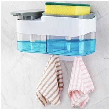 Nikcorp Stenski dozirnik za milo in detergent 2v1 z držalom za gobico, 2x500 ml, za kuhinjo in kopalnico, prozoren