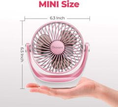 Nikcorp Namizni USB ventilator roza barve, tih, 3 hitrosti, 360° vrtljiva glava, prenosni mini ventilator za pisarno in dom