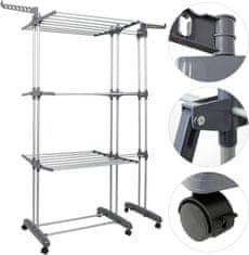 Nikcorp Stoječe zložljivo sušilo za perilo s 3 nivoji na kolesih | Raztegljivo, mobilno, nosilnost 30 kg, 170 cm, sivo