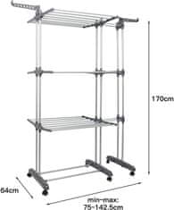 Nikcorp Stoječe zložljivo sušilo za perilo s 3 nivoji na kolesih | Raztegljivo, mobilno, nosilnost 30 kg, 170 cm, sivo