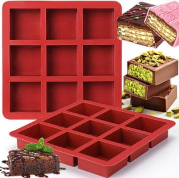 Nikcorp Silikonski model za peko 2 kosa, pekač za brownieje, čokolado in kocke, 9 vdolbin, 23x23 cm, BPA free, rdeč