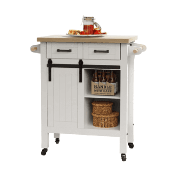 Nikcorp Premični kuhinjski otok 92x90x40 cm | Bela lesena omarica na kolesih s predali in drsnimi vrati za shranjevanje