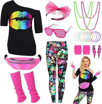 Nikcorp Ženski kostum za pust in tematske zabave 80. leta | Retro disko neonska obleka s krilom in lasuljo XXL