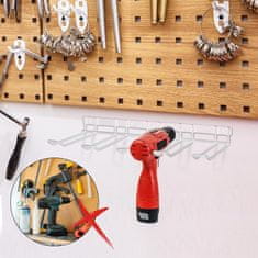Nikcorp Stenski nosilec za orodje s 4 obešalniki, bel organizator za vrtalnike in električno orodje za garažo ali delavnico
