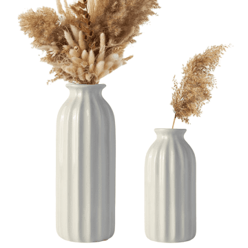 Nikcorp Set dveh belih keramičnih vaz v boho stilu | Rebrasta vaza za rože in dekoracijo | 17,5 cm in 12,7 cm | Vodoodporna
