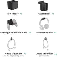 Nikcorp Namizna perforirana plošča za gaming opremo 360° vrtljiva z držali za slušalke kontrolerje in kable črna