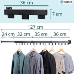 Nikcorp Zložljivo stensko sušilo za perilo 127 cm, raztegljiv drog za oblačila z 18 vrtljivimi kavlji, nosilnost 30 kg, črno