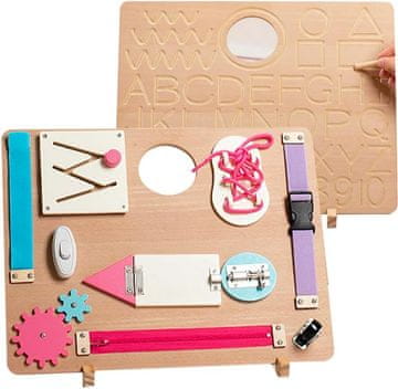 Nikcorp Lesena Montessori aktivnostna plošča za malčke, didaktična senzorična igrača za učenje spretnosti in motorike, 10 vaj