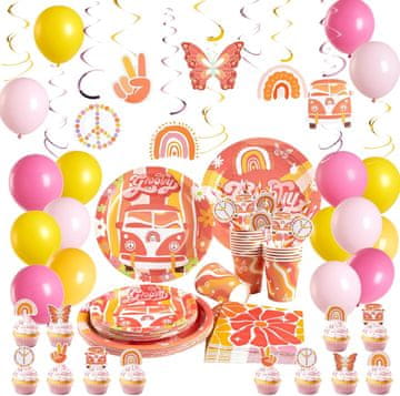 Nikcorp Komplet za rojstni dan Boho mavrica, dekoracija za zabavo, krožniki, kozarci, baloni in transparent za otroke