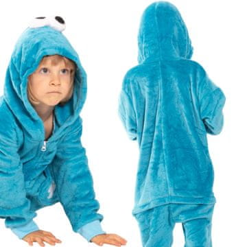 Nikcorp Otroška pižama Kigurumi onesie Piškotni pošast, enodelni kostum za spanje in igro, modra, velikost 105-115 cm