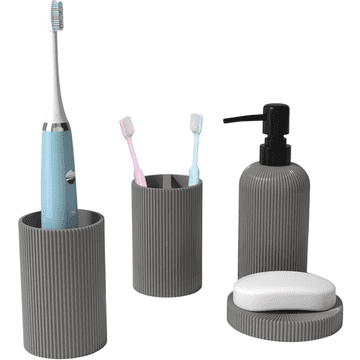 Nikcorp Moderen 4-delni set kopalniških dodatkov v sivi barvi | Dozirnik za milo, lonček za ščetke, posodica in podstavek