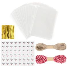 Nikcorp Prozorne vrečke za darila in piškote 10x15 cm, 200 kosov z nalepkami, sponkami in vrvico za pakiranje darilc