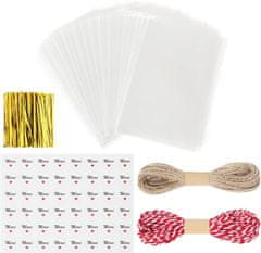 Nikcorp Prozorne darilne vrečke za živila s Hvala nalepkami in vrvico 200 kosov, 14x20 cm, vodoodporne, za piškote in darila