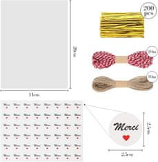 Nikcorp Prozorne darilne vrečke za živila s Hvala nalepkami in vrvico 200 kosov, 14x20 cm, vodoodporne, za piškote in darila