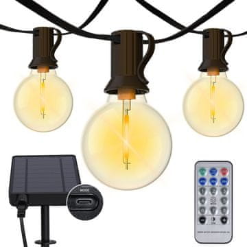 Nikcorp Solarna LED svetlobna veriga 18m z žarnicami G40, 8 načinov svetenja, topla bela svetloba za vrt, balkon in teraso