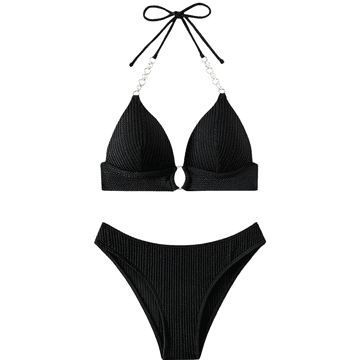 Nikcorp Ženske dvodelne bikini kopalke na vezanje z okrasno verižico, klasičen kroj, črne barve, velikost M, udobne in elastične