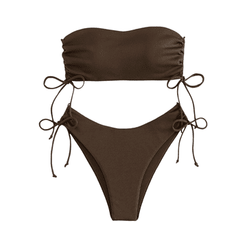 Nikcorp Rjave dvodelne kopalke z visokim pasom in push up modrčkom brez naramnic | Rebraste kopalke za na plažo velikost M