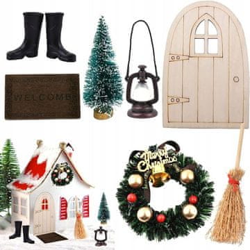 Nikcorp Komplet miniaturnih božičnih dodatkov za hišice za punčke in terarije, DIY praznična dekoracija z jelko in vencem