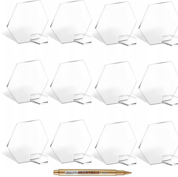 Nikcorp Šesterokotne akrilne ploščice za označevanje sedežnega reda na poroki 25 kosov s stojali in zlatim markerjem