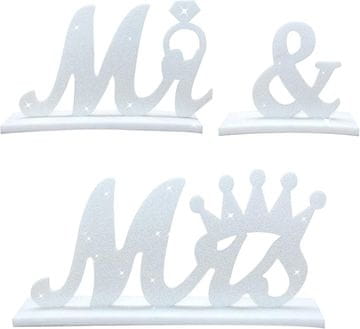 Nikcorp Poročna namizna dekoracija Gospod in Gospa | Bel napis iz filca z bleščicami za mizo | Set 3 delov za poroko in dom