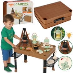 Mega Creative Otroški kamping komplet, zložljiva miza, kovček + potovalni dodatki, kampiranje, LED lučka, parni učinek, zvok