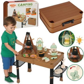 Mega Creative Otroški kamping komplet, zložljiva miza, kovček + potovalni dodatki, kampiranje, LED lučka, parni učinek, zvok