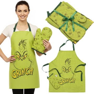 sarcia.eu Grinch 2v1 božični kuhinjski set: nastavljiv predpasnik + rokavica za pečico, zeleni darilni set