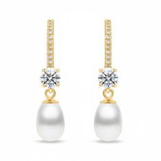 Brilio Silver Pozlačeni viseči uhani s kubičnim cirkonom in biserom EA634Y