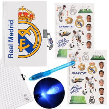 sarcia.eu Real Madrid dnevnik z zaklepom, čarobnim peresom in nalepkami, Premium komplet za navijače