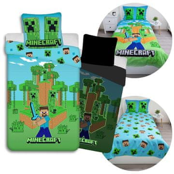 sarcia.eu Minecraft Zelena in modra, DVOJNA, bombažna otroška posteljnina, SVETI v temi 140x200cm+70x90cm OEKO-TEX