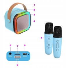 Dexxer Aku. 1200mAh karaoke zvočnik Bluetooth 5.3 2x mikrofon LED RGB moder