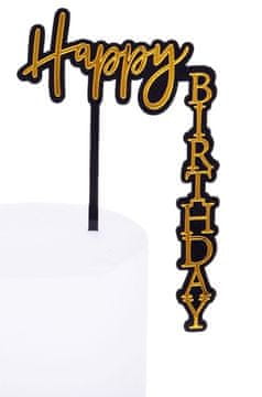 Akrilni okrasek XL Happy Birthday črno-zlat 90°
