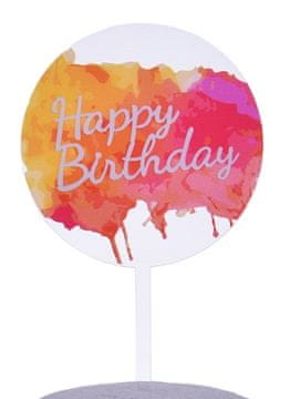 Prozoren, barvit akrilni pokrovček z belim napisom Happy Birthday
