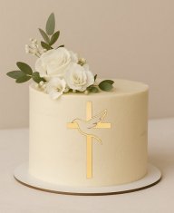 shumee Okras za torto KRIŽ z GOLOBOM, zlati akril, 12 cm, Sveto obhajilo