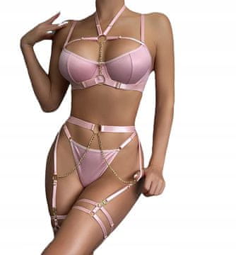 shumee Seksi ženski komplet spodnjega perila: modrček, naramnice, verižice, tangice, roza L