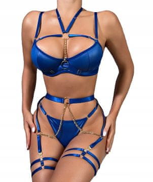 shumee Seksi ženski komplet spodnjega perila: modrček, pasovi, verižice, tangice, moder M