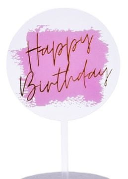 Prozoren roza akrilni nadvložek z zlatim napisom Happy Birthday