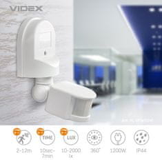 VIDEX PIR infrardeči senzor gibanja in svetlobe 1200W IP44 premični bel Videx