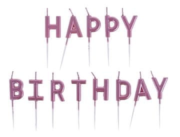 Svečke za rojstnodnevno torto z napisom HAPPY BIRTHDAY rožnato zlate 13 kosov