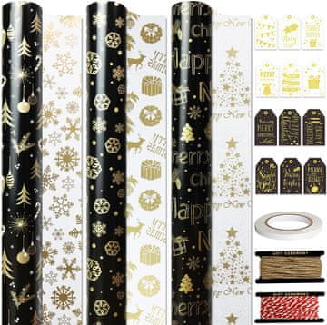 shumee Božični papir za zavijanje daril 43 cm x 5 m s trakom 3 kosi