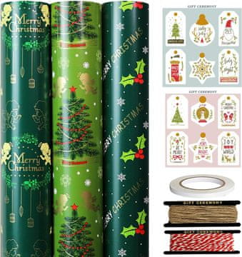 shumee Božični papir za zavijanje daril, zelen, 3 rolice, 43 cm x 3 m