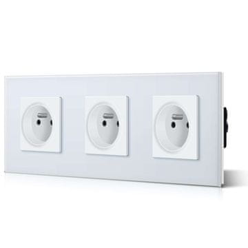 shumee Stenska vtičnica z okvirjem iz kaljenega stekla, 3 vtičnice, 16 A, bela