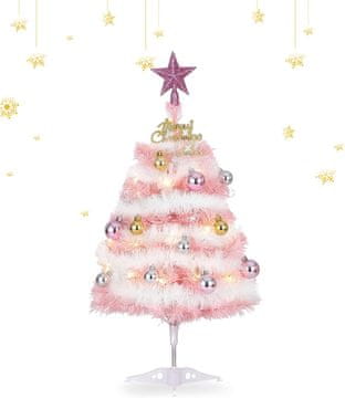 shumee Umetno božično drevo, mini, dekorativno, roza, z kroglicami, lučkami in zvezdo, 60 cm