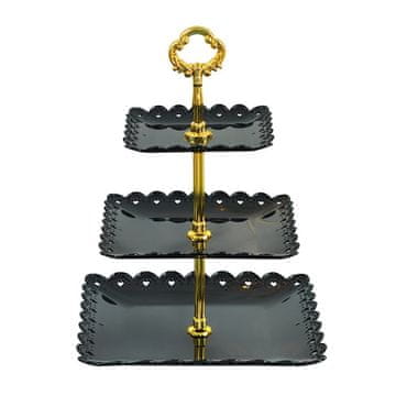 shumee Črno stojalo za torto s 3 nadstropji in zlatim ročajem, kvadratno plastično