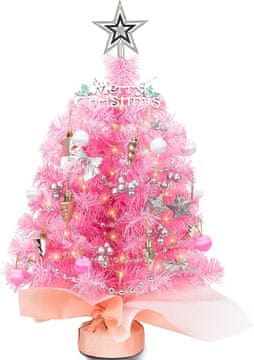 shumee Umetno božično drevo, gosto, okrašeno z lučkami in kroglicami, roza, 60 cm