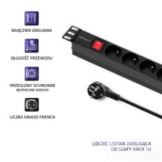 Qoltec PDU podaljšek za 19'' RACK | 1U | 16A | 8xFRENCH | 2m