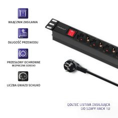 Qoltec PDU podaljšek za 19'' RACK | 1U | 16A | 8xSCHUKO | 2m