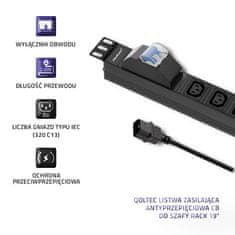 Qoltec PDU podaljšek z zaščito pred preobremenitvijo za 19" RACK | 1U | 10A | 8xIEC C13 | varovalka C16 | 2m