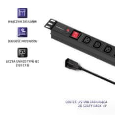 Qoltec PDU podaljšek z zaščito pred preobremenitvijo za 19" RACK | 1U | 10A | 8xIEC C13 | 2m